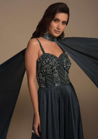 Dark Teal Green Indowestern Gown In Crushed Lycra With Embellished Bodice And Fancy Cape Online - Kalki Fashion