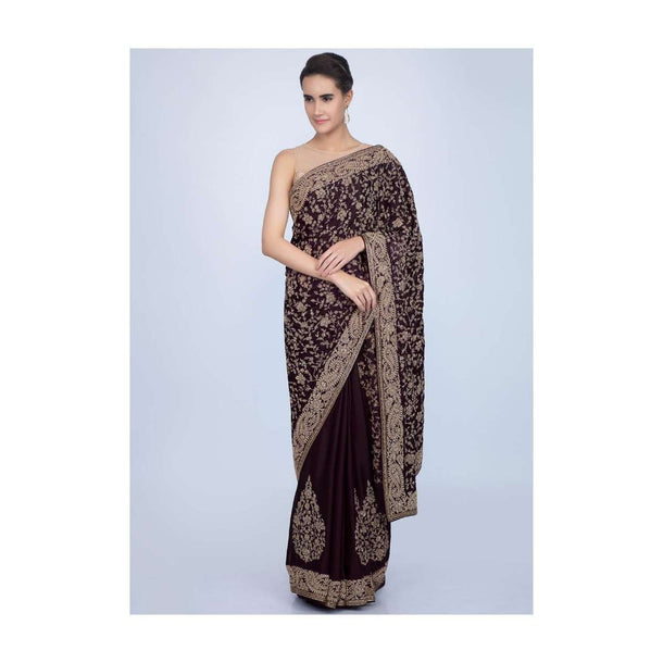 Dark violet milano satin saree with heavy embroidered butti and border only on Kalki