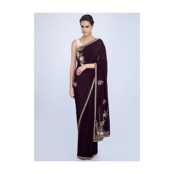 Dark violet satin crepe saree with embroidered butti and border only on Kalki