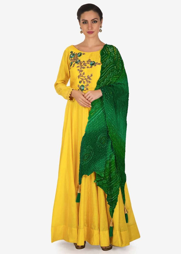 Yellow Anarkali Suit With Pleats And Zardosi Embroidered Bodice Online - Kalki Fashion