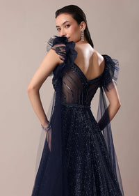 Dark Blue Embroidered Gown With Wings