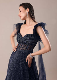 Dark Blue Embroidered Gown With Wings