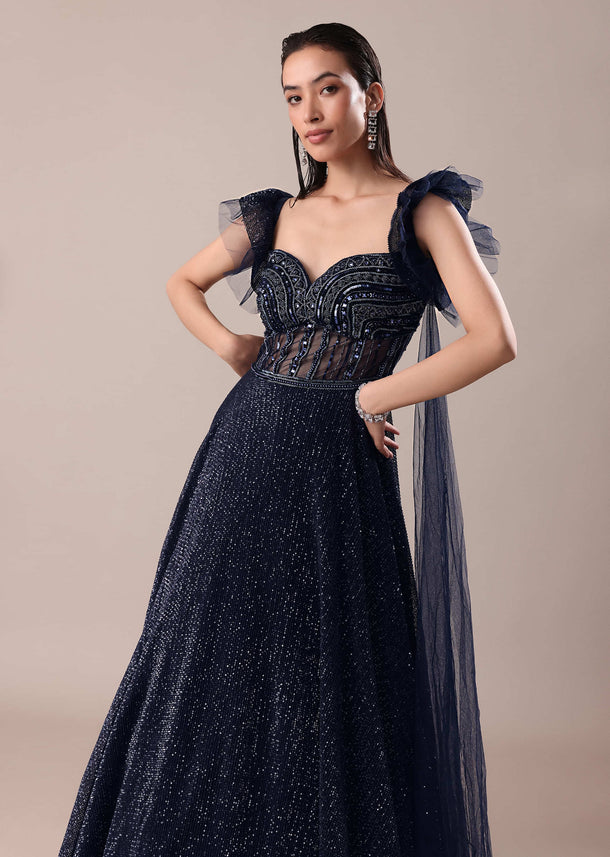 Dark Blue Embroidered Gown With Wings