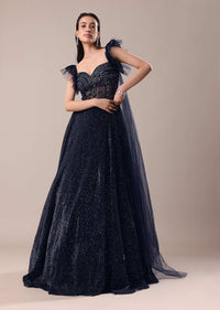 Dark Blue Embroidered Gown With Wings