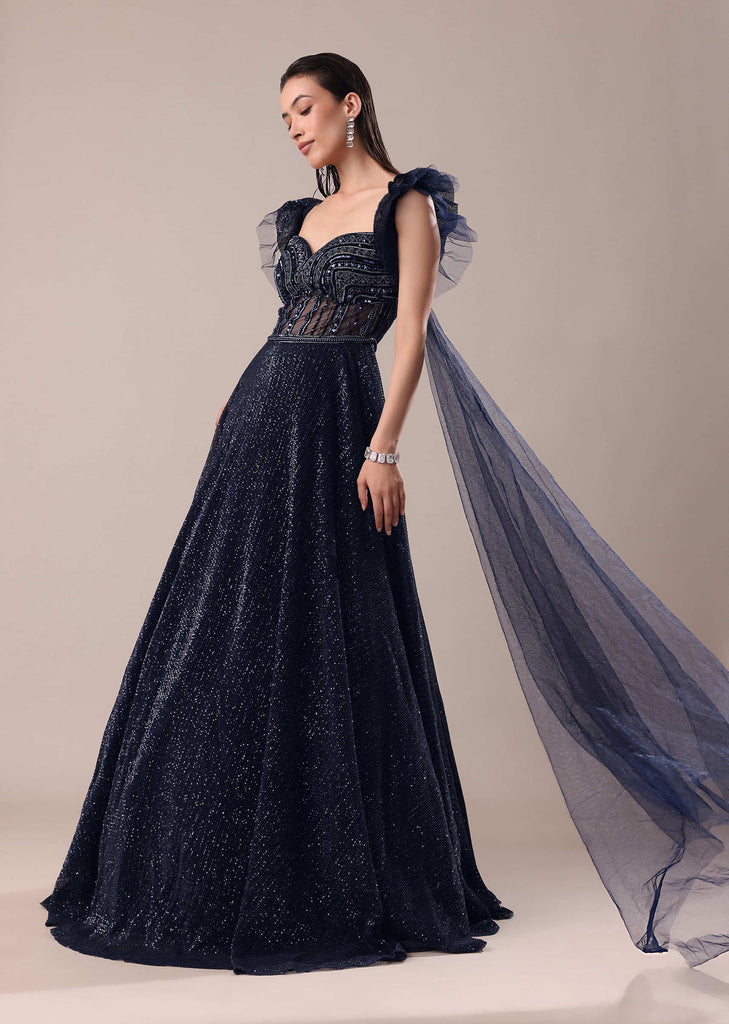 Dark Blue Embroidered Gown With Wings