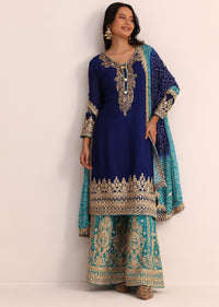 Dark Blue Embroidered Kurta Palazzo With Bandhani Dupatta