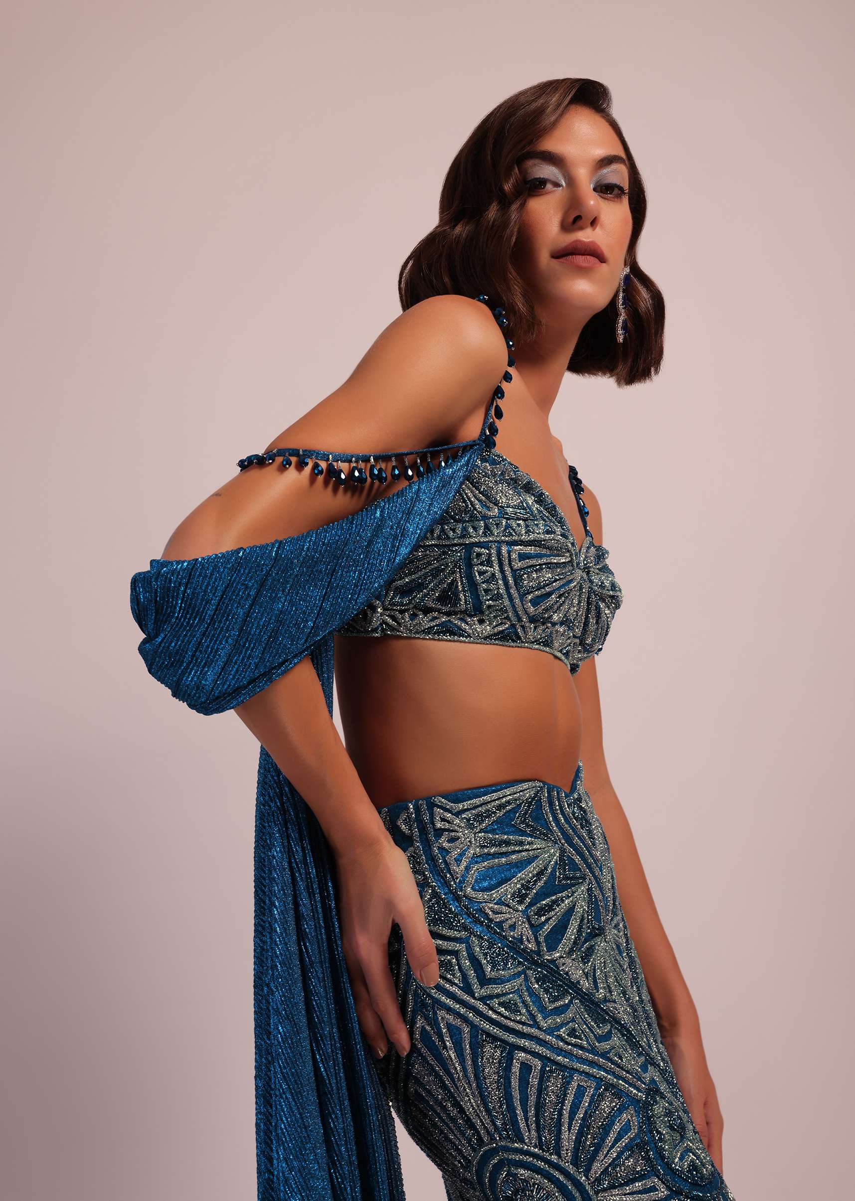 Dark Blue Fish Cut Bridal Lehenga Set In Net With Attached Cape
