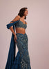 Dark Blue Fish Cut Bridal Lehenga Set In Net With Attached Cape