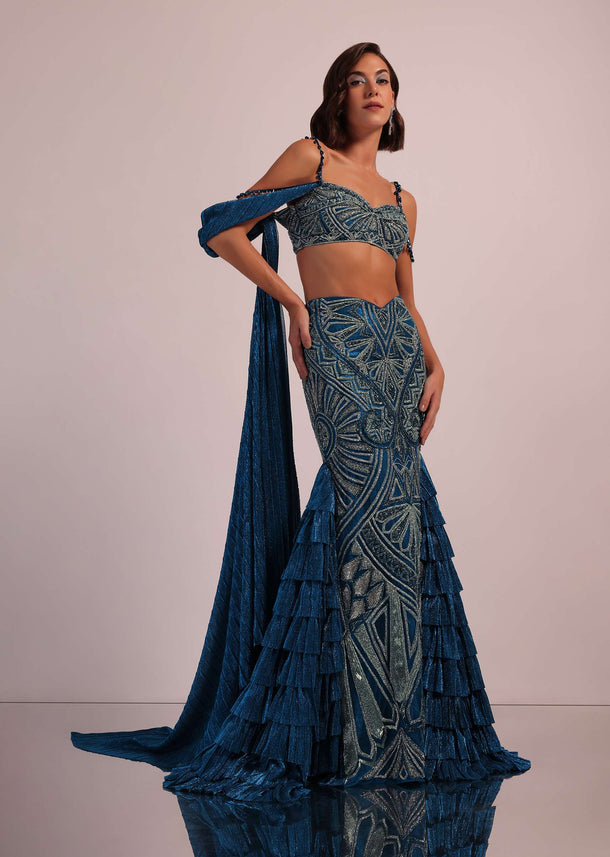 Dark Blue Fish Cut Bridal Lehenga Set In Net With Attached Cape