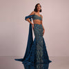 Dark Blue Fish Cut Bridal Lehenga Set In Net With Attached Cape