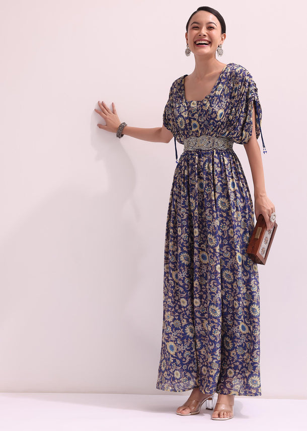 Dark Blue Floral Embroidered Jumpsuit