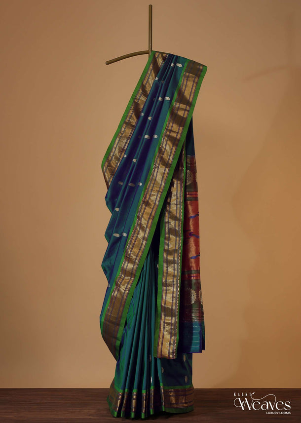 Dark Blue Maharashtrian Paithani Woven Saree In Katan Silk With Green Shade And Unstitched Blouse