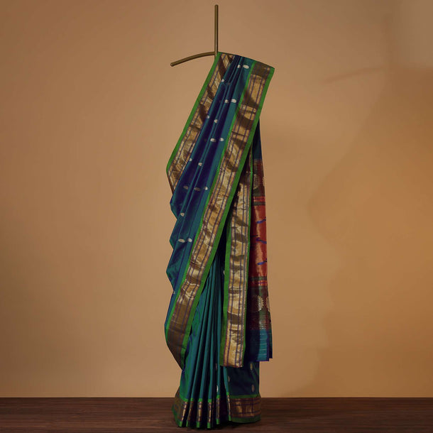 Dark Blue Maharashtrian Paithani Woven Saree In Katan Silk With Green Shade And Unstitched Blouse