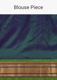 Dark Blue Maharashtrian Paithani Woven Saree In Katan Silk With Green Shade And Unstitched Blouse