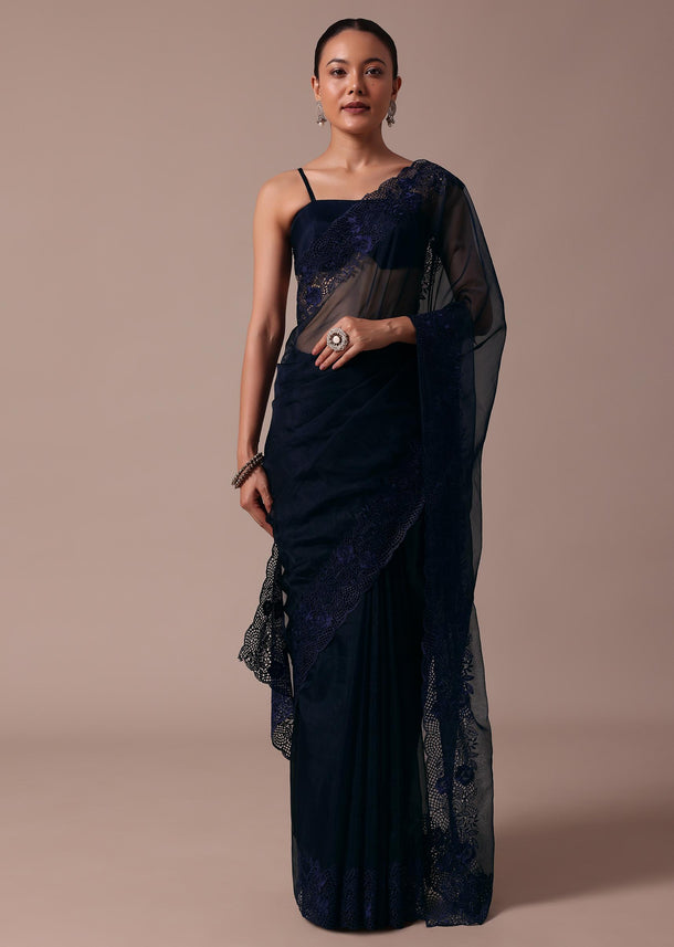 Dark Blue Organza Embroidered Saree With Unstitched Blouse