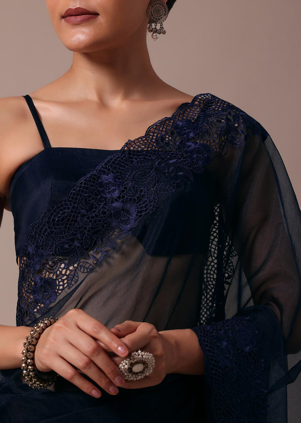 Dark Blue Organza Embroidered Saree With Unstitched Blouse