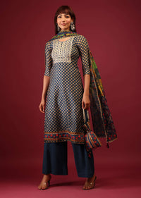 Dark Blue Palazzo Suit In Tussar Silk With A Stunning Potli Bag And Digital Print Dupatta