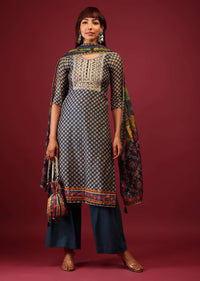 Dark Blue Palazzo Suit In Tussar Silk With A Stunning Potli Bag And Digital Print Dupatta