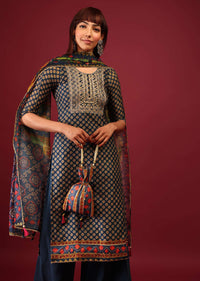 Dark Blue Palazzo Suit In Tussar Silk With A Stunning Potli Bag And Digital Print Dupatta