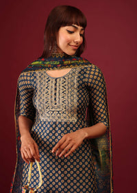 Dark Blue Palazzo Suit In Tussar Silk With A Stunning Potli Bag And Digital Print Dupatta