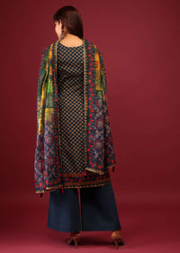 Dark Blue Palazzo Suit In Tussar Silk With A Stunning Potli Bag And Digital Print Dupatta