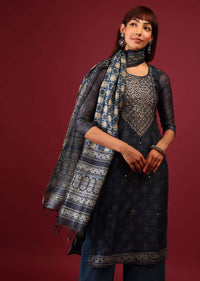 Dark Blue Palazzo Suit In Tussar Silk With Ajrakh Handblock Print And Embroidery