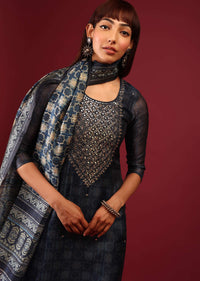 Dark Blue Palazzo Suit In Tussar Silk With Ajrakh Handblock Print And Embroidery