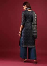 Dark Blue Palazzo Suit In Tussar Silk With Ajrakh Handblock Print And Embroidery
