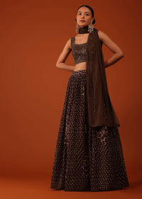 Dark Brown Bandhani Printed Lehenga And Blouse Set In Silk