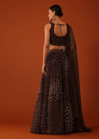 Dark Brown Bandhani Printed Lehenga And Blouse Set In Silk