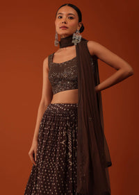 Dark Brown Bandhani Printed Lehenga And Blouse Set In Silk