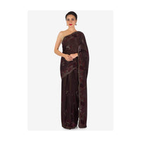 Dark brown saree in crepe with resham embroidery in floral motif only on Kalki