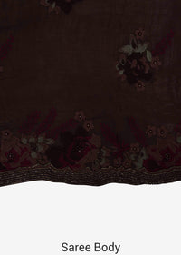 Dark brown saree in crepe with resham embroidery in floral motif only on Kalki