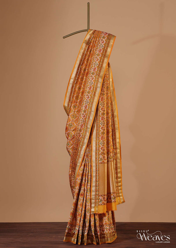 Ocher Yellow Banarasi Patola Saree In Katan Silk With Ikat Weave And Unstitched Blouse