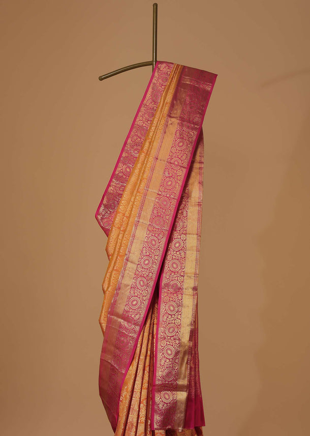 Honey Yellow Woven Silk Kanjivaram Saree With Hot Pink Border And Unstitched Blouse