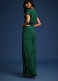Dark Green Chiffon Crop Top With Slit Palazzo And Scarf