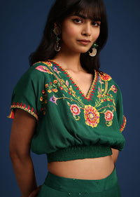 Dark Green Chiffon Crop Top With Slit Palazzo And Scarf