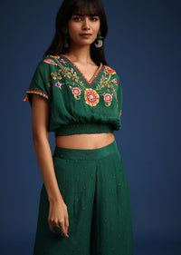 Dark Green Chiffon Crop Top With Slit Palazzo And Scarf