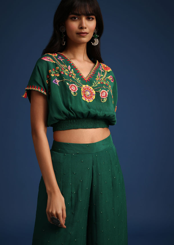 Dark Green Chiffon Crop Top With Slit Palazzo And Scarf