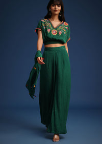 Dark Green Chiffon Crop Top With Slit Palazzo And Scarf