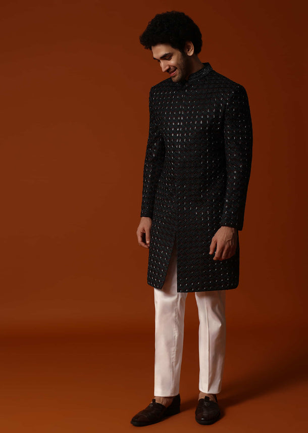 Dark Green Cutdana Embroidered Sherwani Set For Men