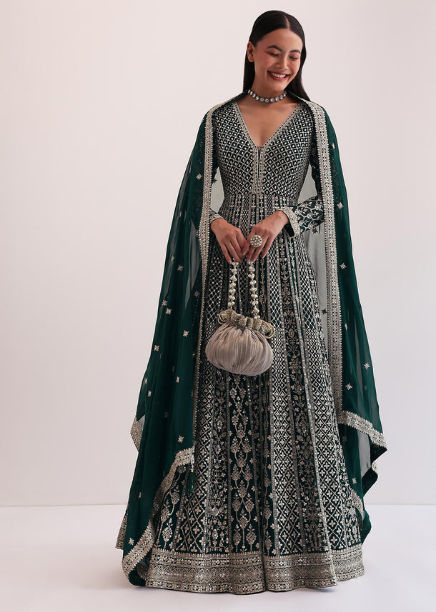 Dark Green Embroidered Anarkali Set