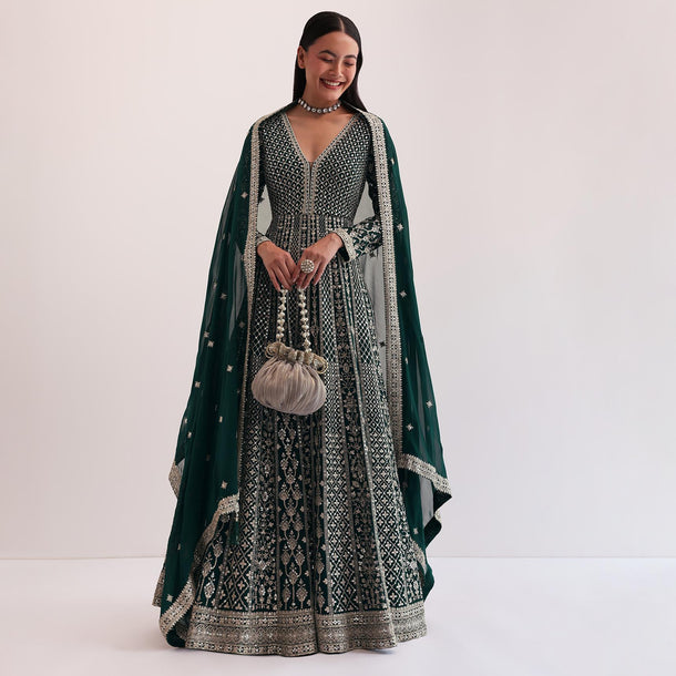 Dark Green Embroidered Anarkali Set