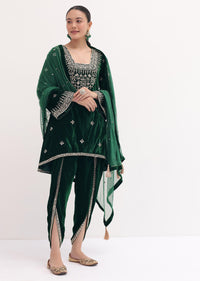 Dark Green Embroidered Velvet Kurta Dhoti Set