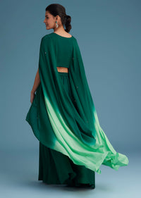 Dark Green Georgette Palazzo Set With Ombre Sleeves