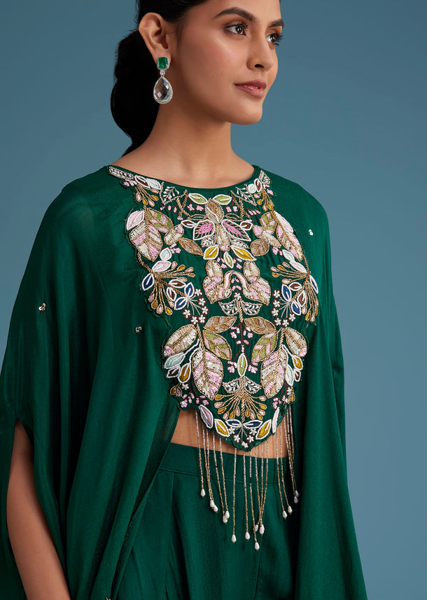 Dark Green Georgette Palazzo Set With Ombre Sleeves