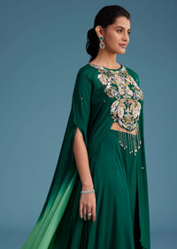 Dark Green Georgette Palazzo Set With Ombre Sleeves