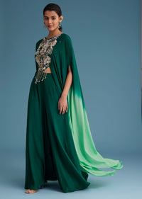 Dark Green Georgette Palazzo Set With Ombre Sleeves