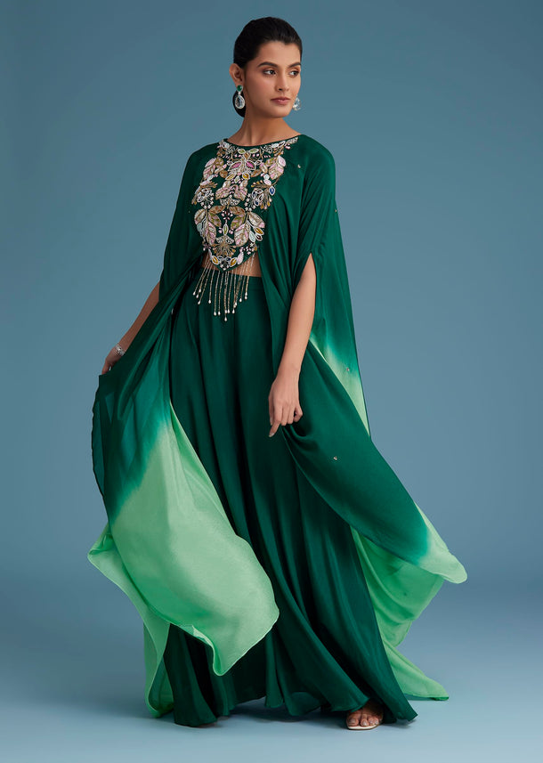 Dark Green Georgette Palazzo Set With Ombre Sleeves