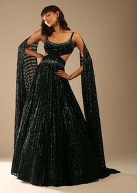 Dark Green Gown Embellished In Sequins With A Velvet Bodice Adorned In Hand Embroidery And Cape On The Shoulder Online - Kalki Fashion